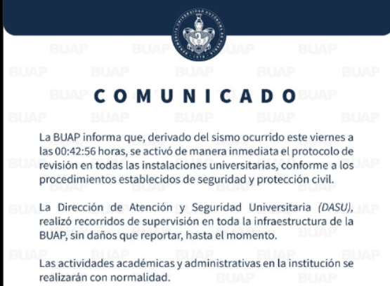 Activa BUAP protocolos de seguridad tras sismo registrado la madrugada de este viernes