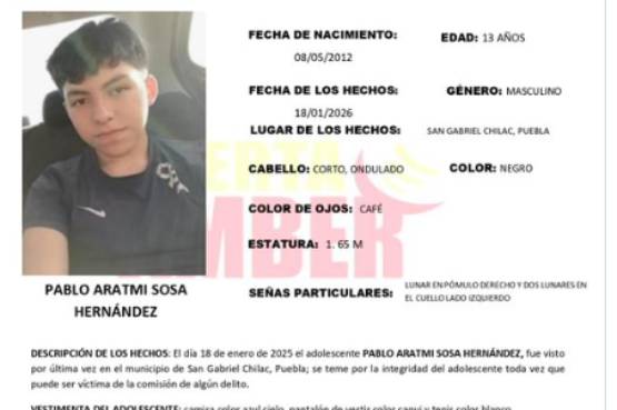 Activan Alerta Amber por desaparición de adolescente en San Gabriel Chilac