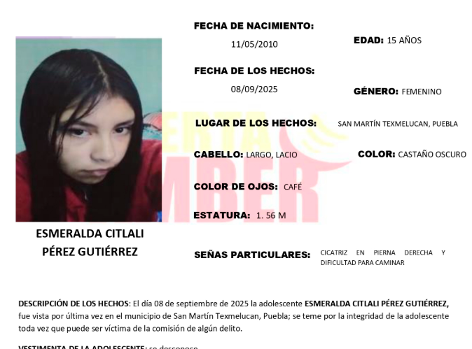 Activan Alerta Amber por la desaparición de Esmeralda de 15 años en Texmelucan