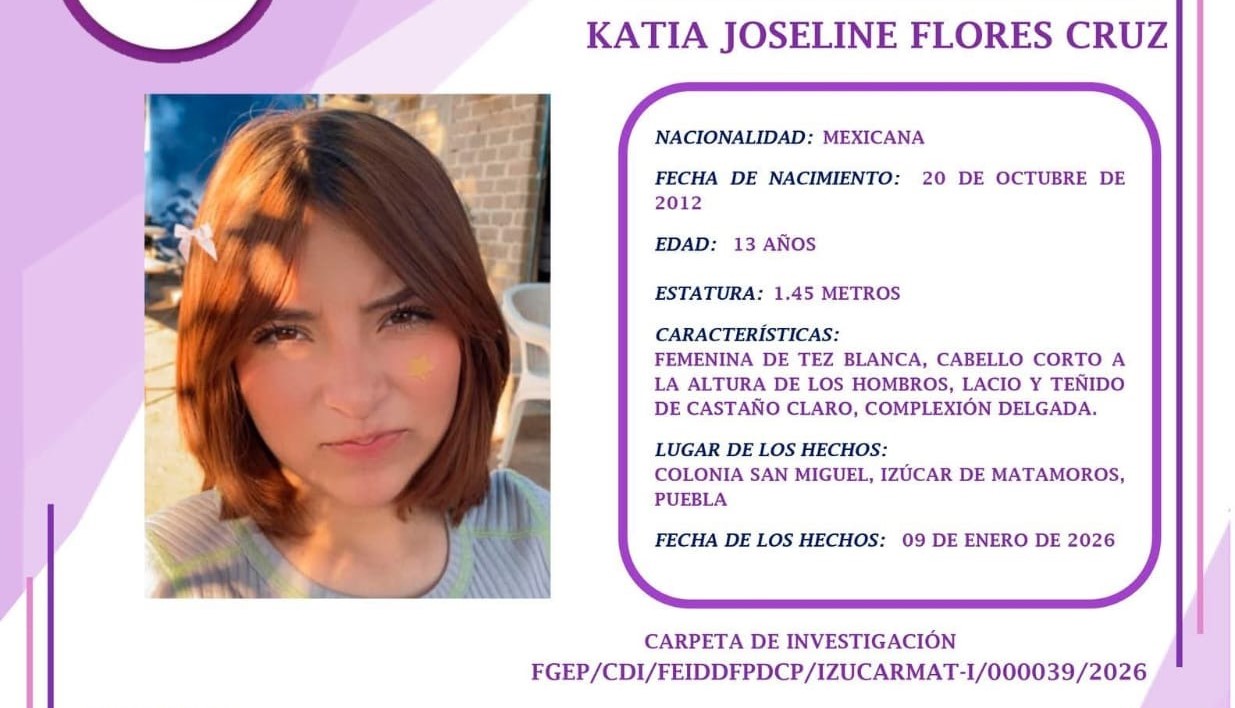 Ayuda a localizar a Katia Joseline Flores Cruz que desapareció en Izúcar de Matamoros 