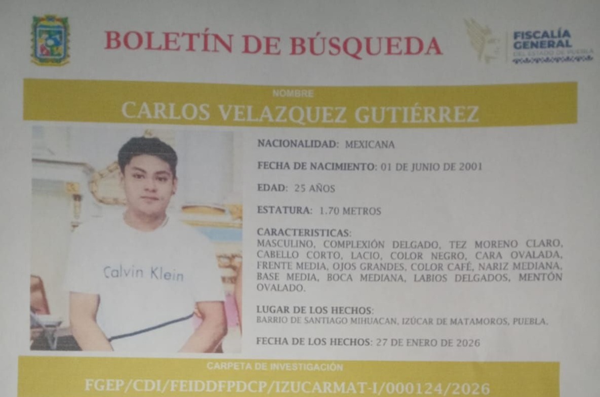 Buscan a Carlos Velázquez Gutiérrez desapareció en Izúcar