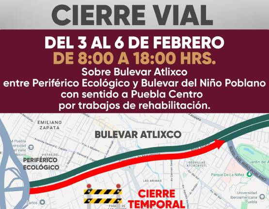Anuncian cierre vial temporal en Bulevar Atlixco por trabajos de rehabilitación