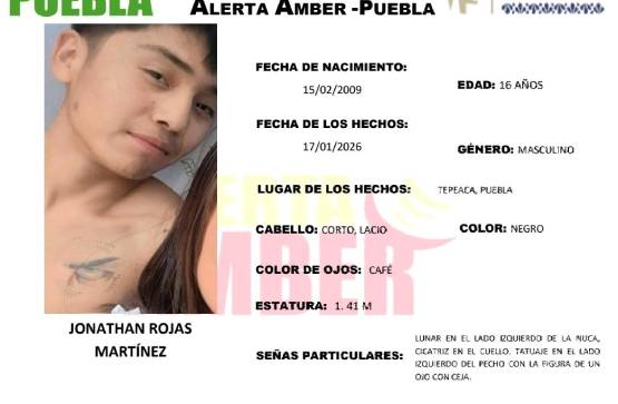 Activan Alerta Amber por desaparición de Jonathan de 16 años en Tepeaca