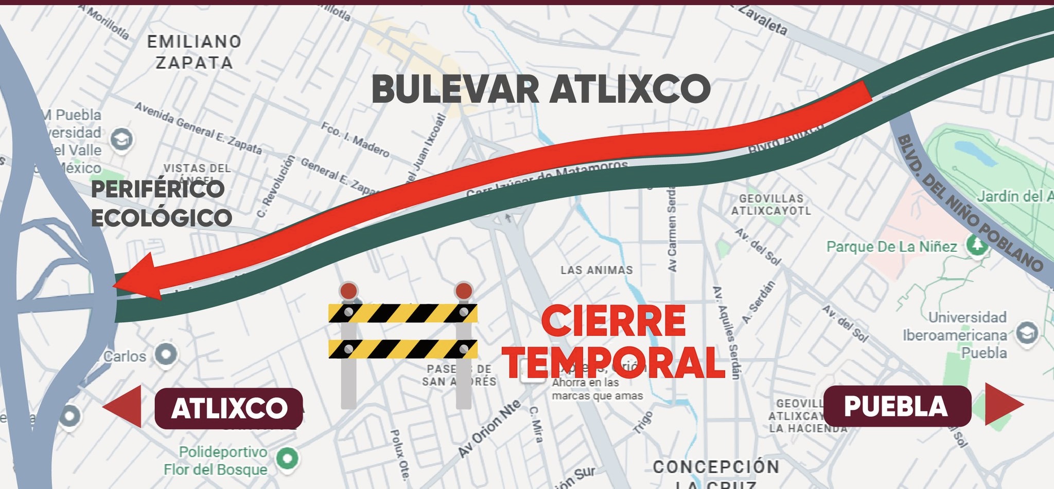 Cierra Gobierno de Puebla tramo de Bulevar Atlixco por obras de rehabilitación