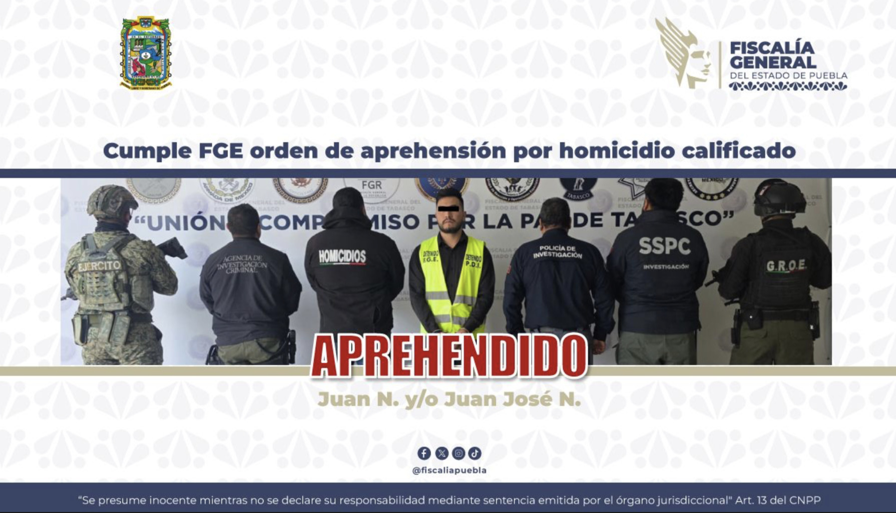 Cae sujeto en Tabasco acusado de homicidio cometido en Puebla