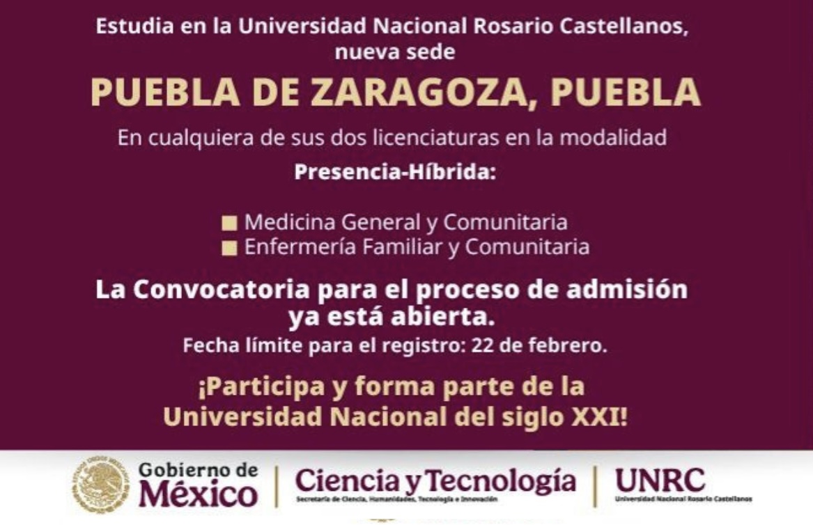 Universidad Nacional Rosario Castellanos abre convocatoria en Puebla; registro concluye el 22 de febrero