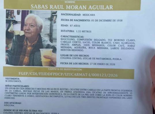 Buscan a una persona de la tercera edad que se extravió en Izúcar 