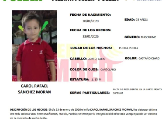 Activan Alerta Amber por desaparición de Rafael  de 5 años en Puebla capital
