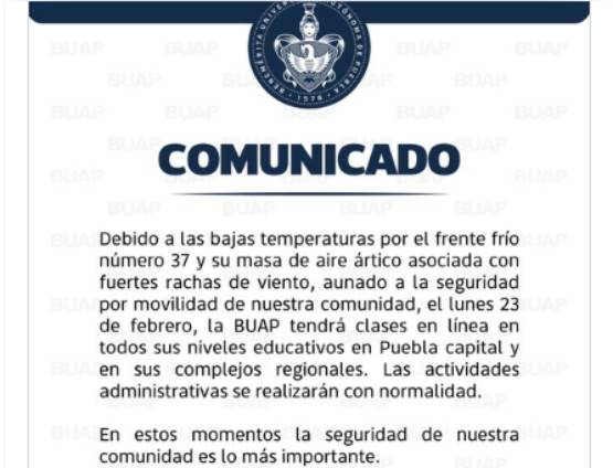 La BUAP anuncia clases en línea este 23 de febrero por frente frío 37 