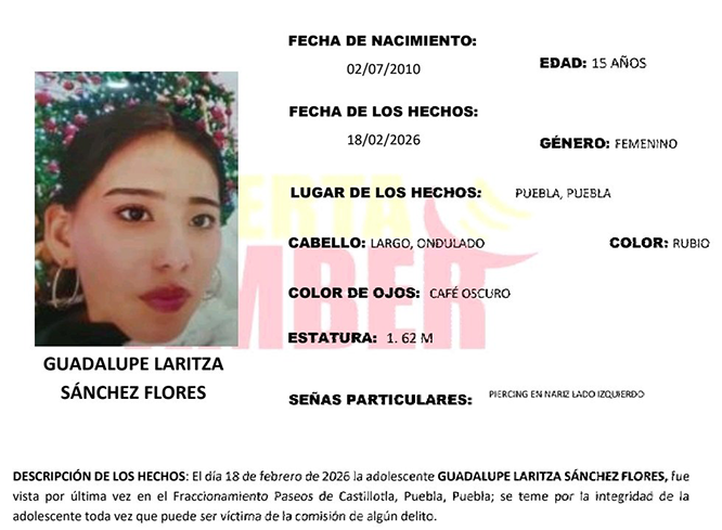 Activan Alerta Amber en Puebla por desaparición de Guadalupe de 15 años