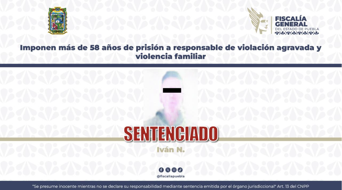 Imponen más de 58 años de prisión a responsable de violación en Huejotzingo