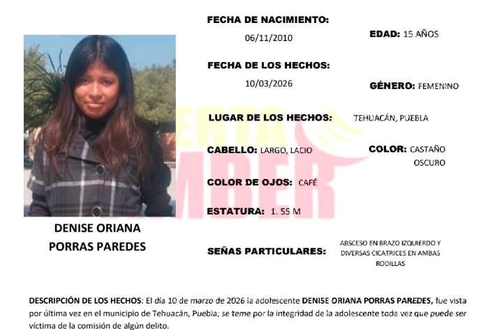 Activan Alerta Amber para localizar a Denise desaparecida Tehuacán