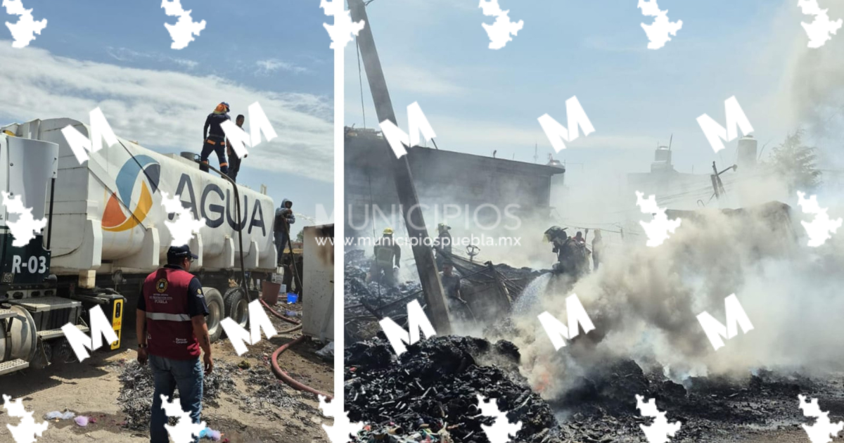 Incendio en una recicladora en Texmelucan moviliza a bomberos y voluntarios