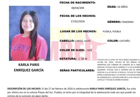 Activan Alerta Amber por la desaparición de adolescente de 16 años en Puebla