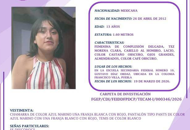 Desaparece Danna de 13 años en la colonia Francisco Villa en Puebla