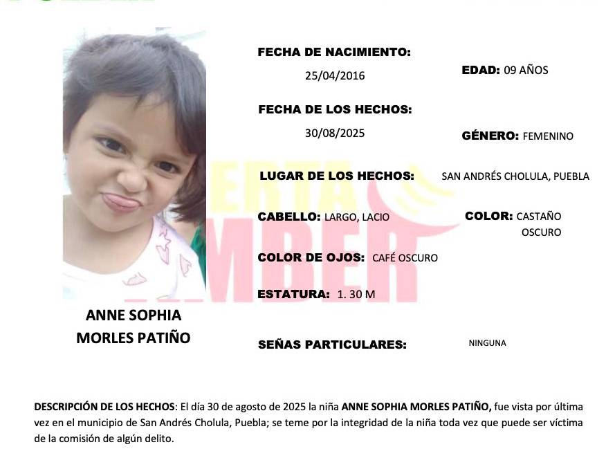 Sigue la búsqueda de la niña de 9 años Anne Sophia desaparecida en San Andrés Cholula