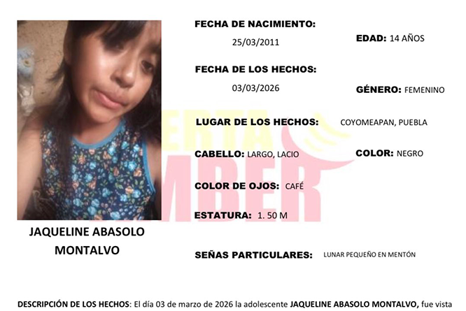 Activan Alerta Amber por desaparición de adolescente en Coyomeapan