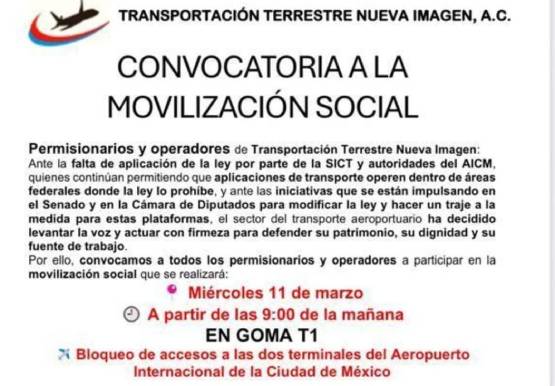 Transportistas convocan a bloqueo en accesos del Aeropuerto Internacional de la CDMX este 11 de marzo
