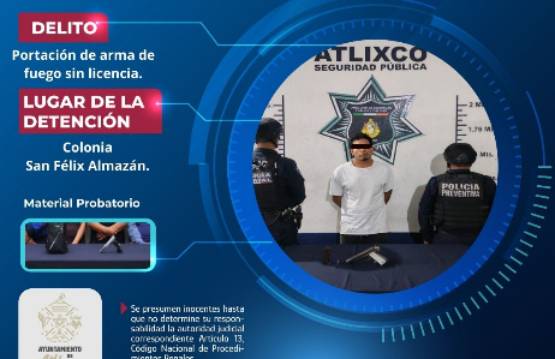 Cae masculino por portación de arma de fuego en calles de Atlixco