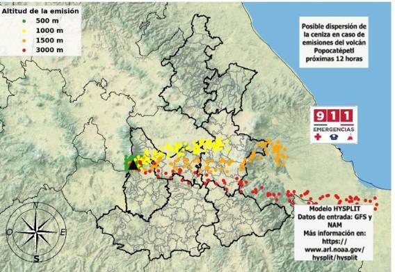 Pronostican posible dispersión de ceniza del Popocatépetl hacia el este y sureste Pronostican posible dispersión de ceniza del Popocatépetl hacia el este y sureste