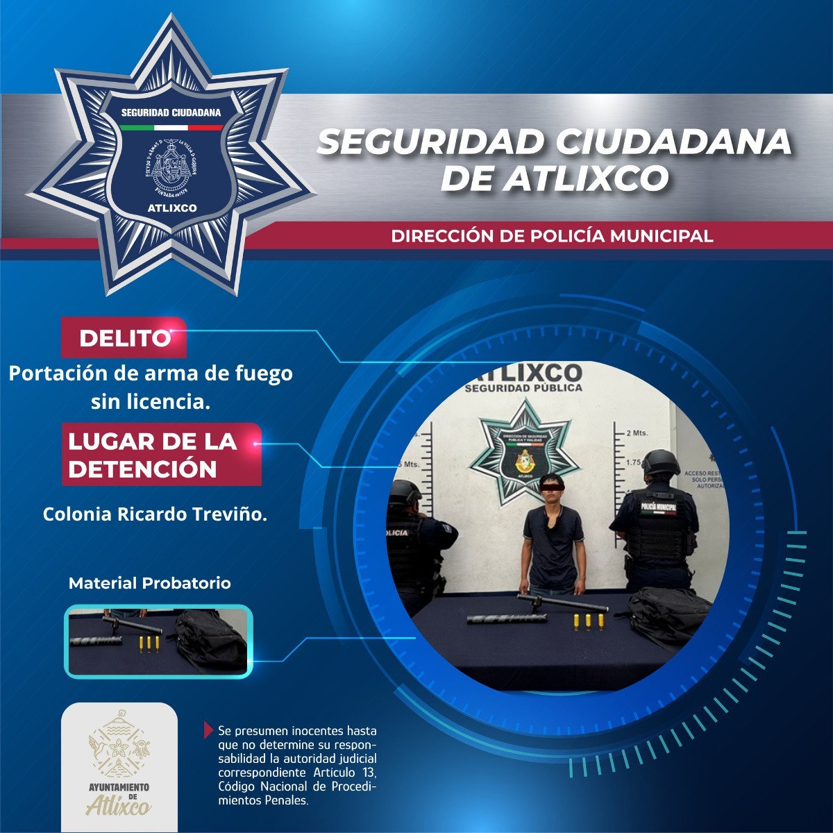 Detiene Policía Municipal de Atlixco a persona por portación de arma hechiza