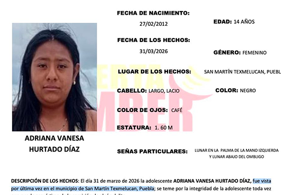 Adriana de 14 años desapareció en calles de Texmelucan 