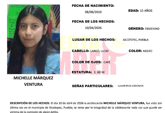 Activan Alerta Amber en Puebla por desaparición de adolescente en Xicotepec