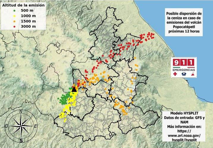 Prevén dispersión de ceniza del Popocatépetl hacia varias regiones de Puebla y estados vecinos