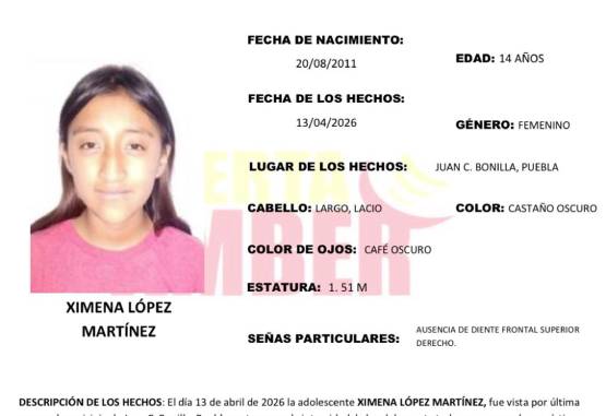 Activan Alerta Amber en Puebla por desaparición de menor en Juan C. Bonilla