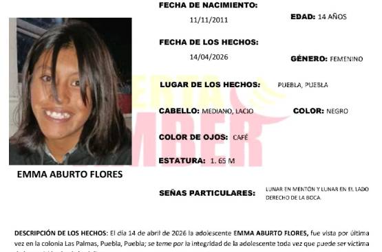 Emma de 14 años desapareció en calles de Puebla capital; activan Alerta Amber