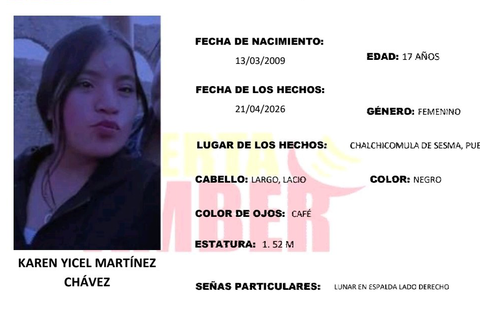 Activan Alerta Amber en Puebla por desaparición de Karen en Chalchicomula de Sesma