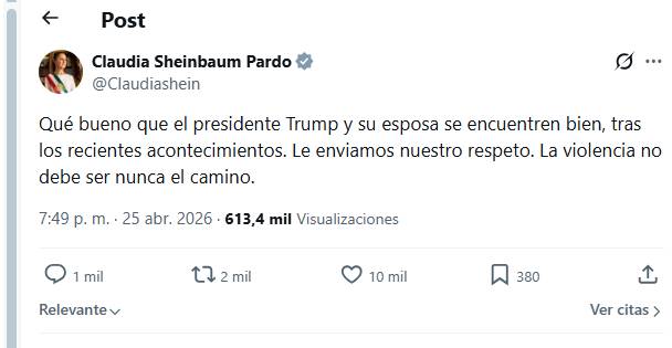 Sheinbaum condena ataque en Washington y destaca que Trump salió ileso