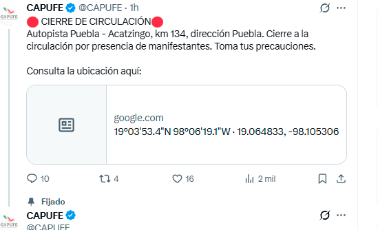 Bloqueo en la autopista Puebla–Acatzingo provoca cierre total a la altura del km 134