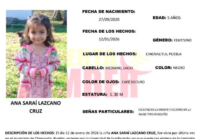 Activan Alerta Amber en Puebla por desaparición de niña de 5 años en Chignautla
