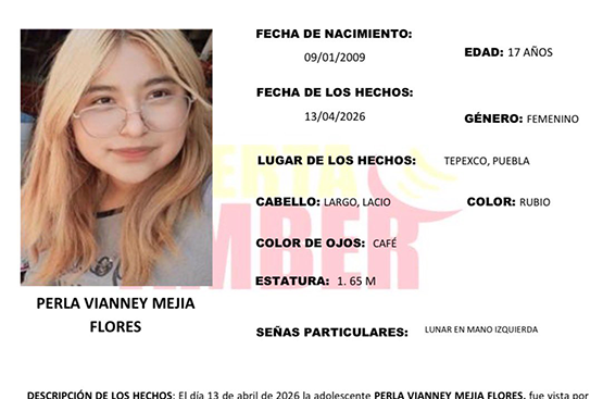 Activan Alerta Amber en Puebla por desaparición de adolescente en Tepexco
