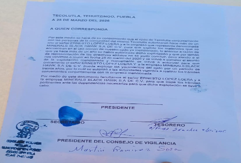 Minerals Black Hawk pretende extraer ilegalmente materiales de suelo de Tehuitzingo