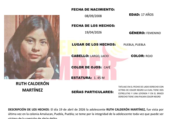 Activan Alerta Amber en Puebla por desaparición de Ruth 17 años de edad en Amalucan