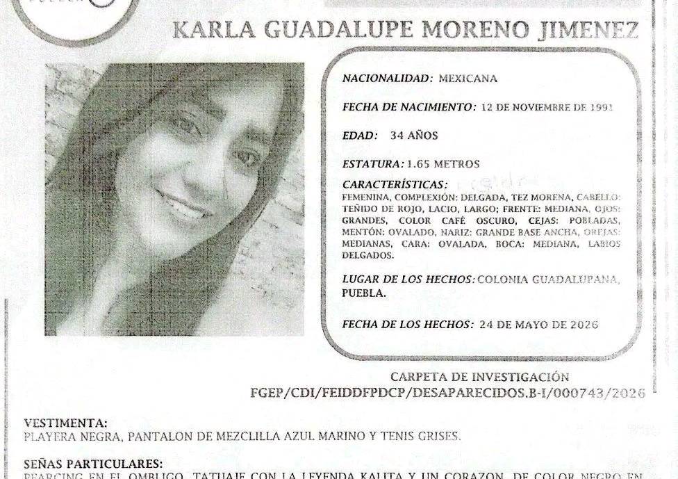 Activan ficha de búsqueda para localizar a Karla de 34 años en Puebla