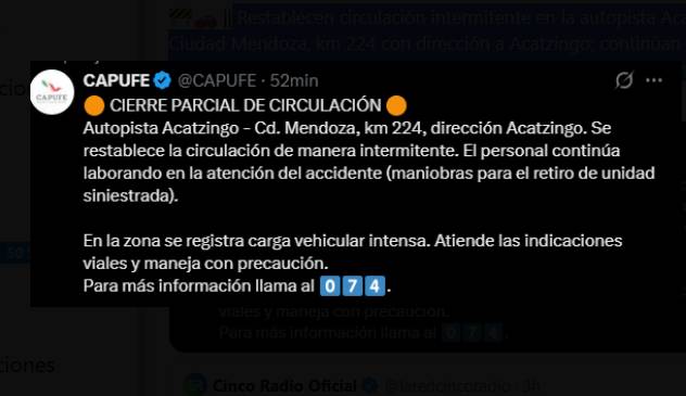 Reabren parcialmente circulación en autopista Acatzingo–Ciudad Mendoza tras accidente