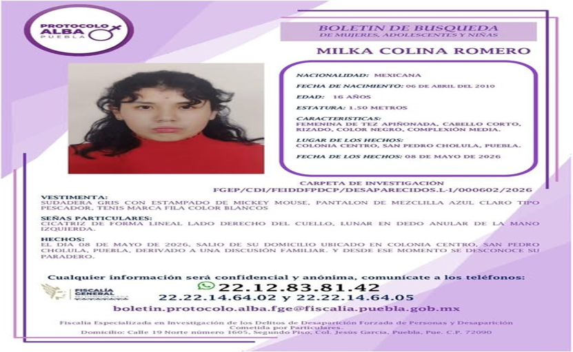 Ayuda a localizar a Milka Colina Romero, desapareció en San Pedro Cholula