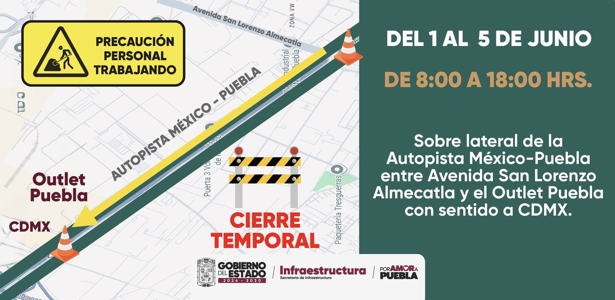 Anuncian cierre parcial en la lateral de la autopista México-Puebla por obras de pavimentación 