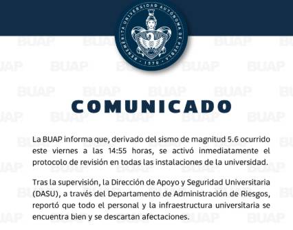 BUAP descarta daños en sus instalaciones tras sismo de magnitud 5.6