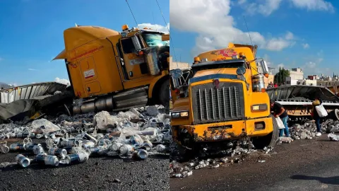 Tráiler volcado en la México-Pirámides fue saqueado 