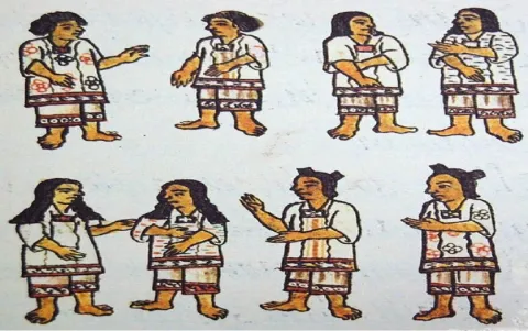 Mujeres pipiltin con distintos adornos en sus vestidos. Códice Florentino, 1979, lib. VIII, cap. XIV, párr. VIII:fol. 279r.
