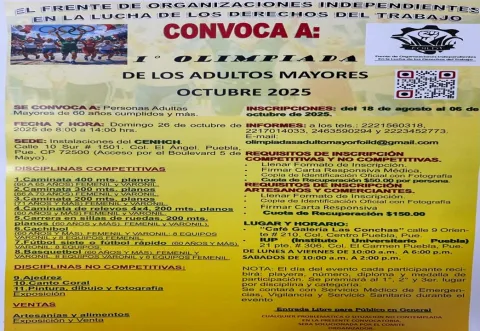 La primera edición de la Olimpiada del Adulto Mayor en Puebla será el domingo 26 de octubre.