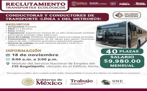 Línea 4 de RUTA Puebla lanza vacantes para conductores.