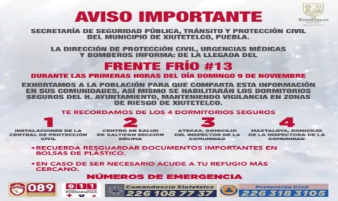 Fue activado el Plan de Contingencia por el Frente Frío Número 13 en Xiutetelco, pronosticado para este domingo nueve de noviembre.