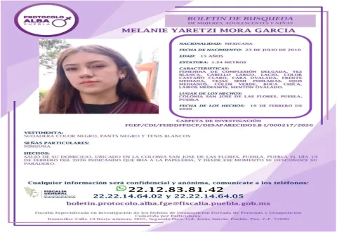 Familiares piden el apoyo para localizar a Melanie Yaretzi Mora, despareció en Puebla.