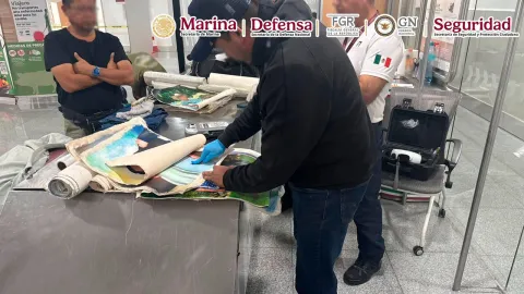 Detienen en el AICM a persona que transportaba lienzos con narcótico.
